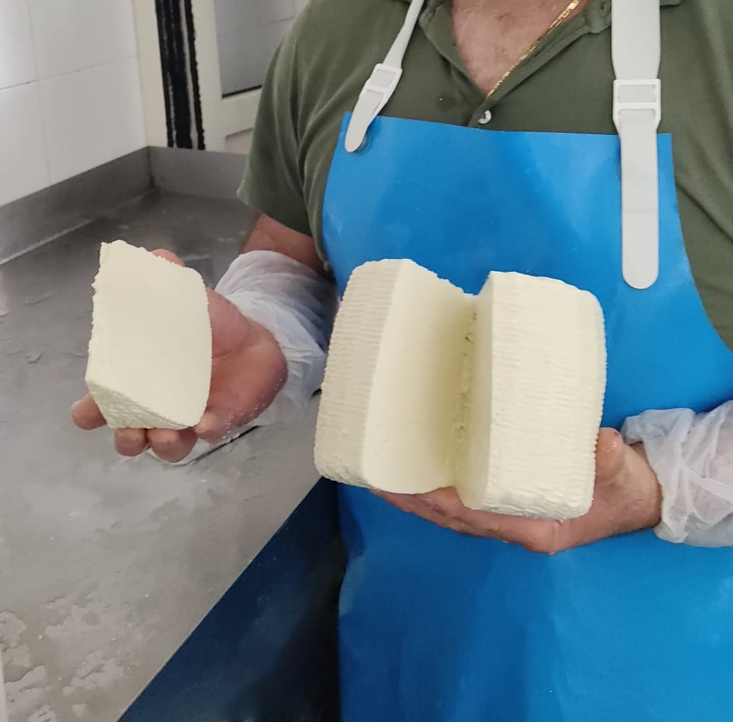 Operatore in caseificio durante il taglio del formaggio